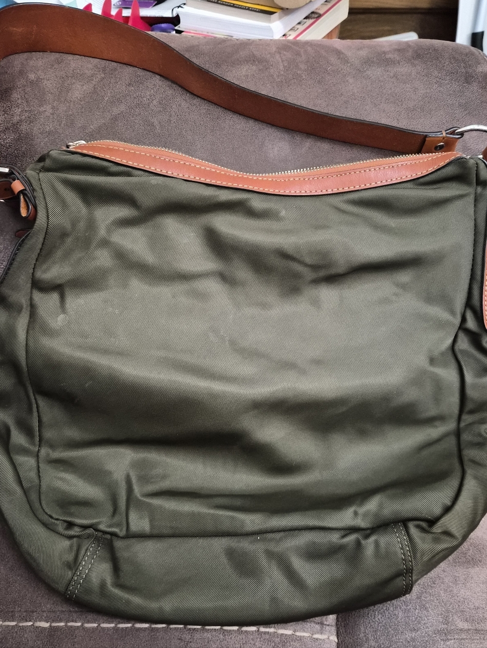 Ralph Lauren Olive Green Canvas Shoulder Bag with Brown Leather Trim